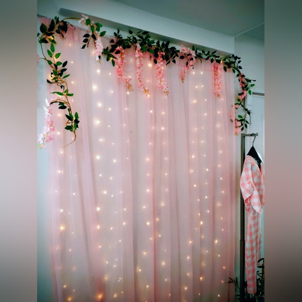 Pink Floral Curtain with LED Lights